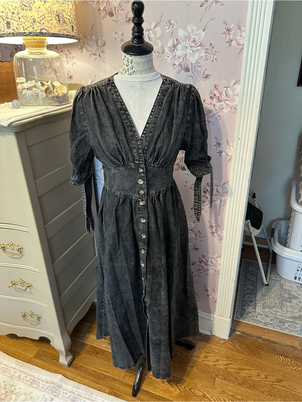 Washed Black Button-Front Midi Dress with Puff Sleeves